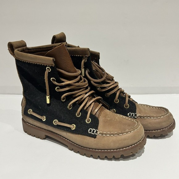 Tory Burch Hiking Boots Leather Bootie Lace Up Wool Shoe Stitched Sole Women 6.5 - Picture 1 of 7